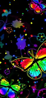 Neon butterflies on a black background, colorful and vibrant design for mobile wallpaper.