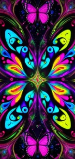 Vibrant neon butterfly wallpaper with colorful psychedelic patterns.