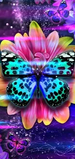 Vibrant neon butterfly and floral wallpaper with colorful accents.