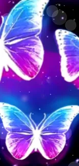 Colorful neon butterflies on a vibrant cosmic background wallpaper.