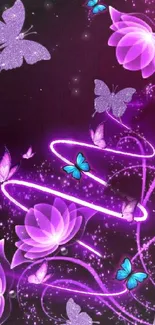 Neon purple wallpaper with butterflies and flowers.