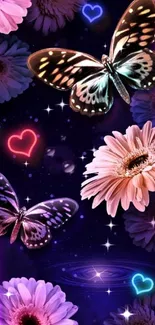 Butterfly and flowers with neon hearts wallpaper.