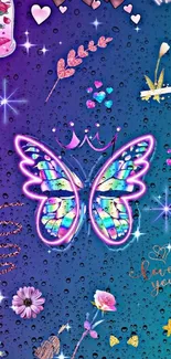 Neon butterfly with playful design on a vibrant blue background.