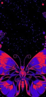 Neon purple and pink butterfly art on black night sky.