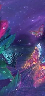 Colorful butterflies against a purple night sky with stars and leaves.