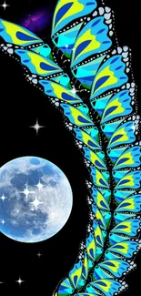 Colorful butterfly cascade over moonlit night sky wallpaper.