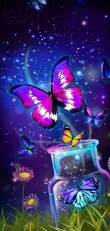 Vibrant neon butterflies against a starry purple night sky in a magical scene.