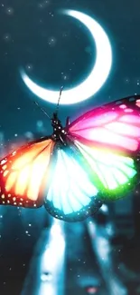 Colorful butterfly with crescent moon backdrop.