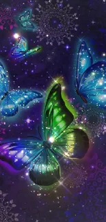 Vibrant butterflies gracefully flutter under a starry night sky in this enchanting wallpaper.