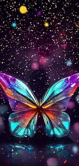 Vibrant butterfly on a sparkling night sky background with colorful lights.