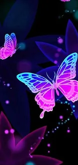 Vibrant neon butterflies with a dark floral background.