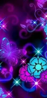 Vibrant butterfly and floral mobile wallpaper with neon glow.