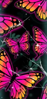 Pink and orange butterfly wallpaper on a dark background.