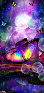 Vibrant butterfly under a mystical moonlit sky wallpaper.