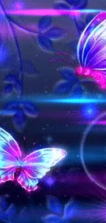 Two neon butterflies on a dark blue background with glowing accents.