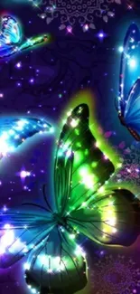 Glowing butterflies in a vibrant night scene wallpaper.