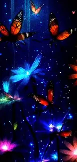 Colorful butterflies and flowers in a glowing night scene wallpaper.