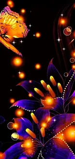 Vibrant butterfly with glowing flowers on a dark mobile wallpaper.