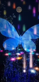 Blue butterfly glowing amidst colorful lights in night sky.