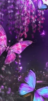 Vibrant purple nightscape with colorful butterflies and glowing foliage.