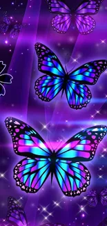 Vibrant neon butterflies on a purple starry night background.