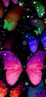 Colorful butterflies against a starry black background.