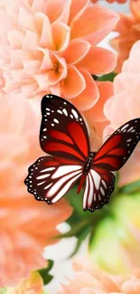 Vibrant butterfly resting on peach flowers.