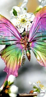 Colorful butterfly resting on white blossoms in spring.