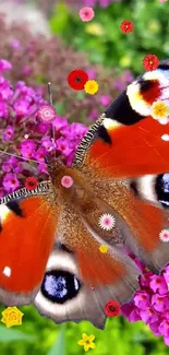 Vibrant orange butterfly on pink blossoms with colorful background.