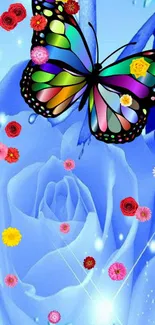 Colorful butterfly on a vivid blue rose with scattered small flowers.