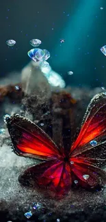 Vibrant red butterfly on crystals in dark background.