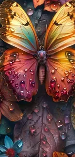 Vibrant butterfly resting on dewy, colorful leaves, showcasing detailed textures.