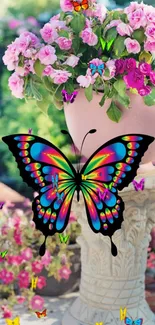 Vibrant butterfly on a floral background with colorful flowers.