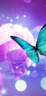 Vibrant blue butterfly on pink flower with purple backdrop.