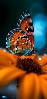 Vibrant butterfly on dewy orange flower against a blurred blue background.