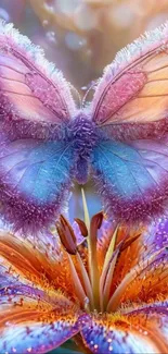 Vibrant purple butterfly atop a colorful flower.