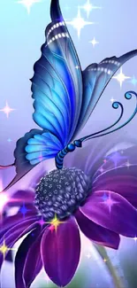 Blue butterfly rests on purple flower in serene mobile wallpaper.