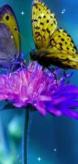 Colorful butterflies on a vibrant purple flower wallpaper.