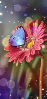 Vibrant butterfly resting on pink flower with bokeh lights.