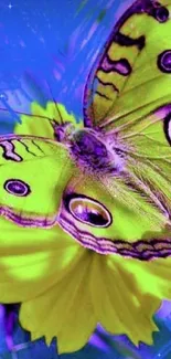 Vibrant green butterfly on bright flower in vivid artwork.