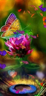 Vibrant butterfly resting on a pink flower against a colorful, luminous background.