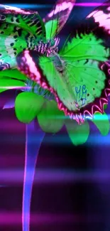 Vibrant butterfly perched on a glowing flower with deep green and pink tones.