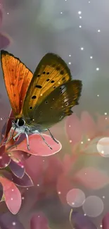 Vibrant orange butterfly resting on colorful flowers.