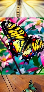 Vibrant butterfly resting on colorful flowers, showcasing nature's beauty.