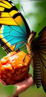 Vibrant butterfly perched on bright fruit with lush background.