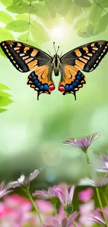 Vibrant butterfly with flowers and lush green leaves.