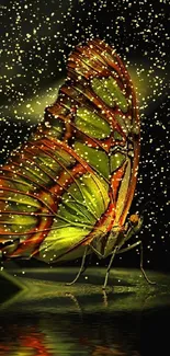 Vibrant green and orange butterfly resting on a leaf with a dark background.