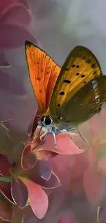 Vibrant butterfly perched on a colorful leaf in nature.