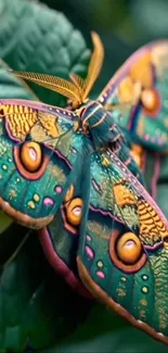 Vibrant butterfly with colorful wings on green leaves.