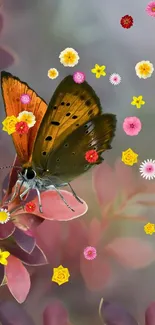 A vibrant butterfly perched on colorful leaves in natural light.